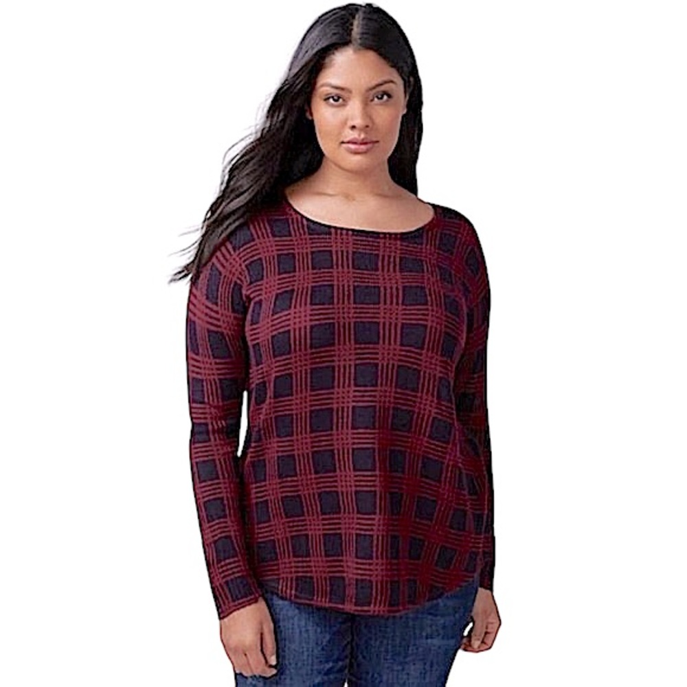 LANE BRYANT: Women’s Burgundy & Navy Plaid Long Sleeve Sweater -Size 14/16